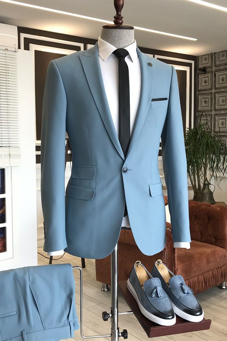 Classic Sky Blue One Button Peaked Lapel Men Suits