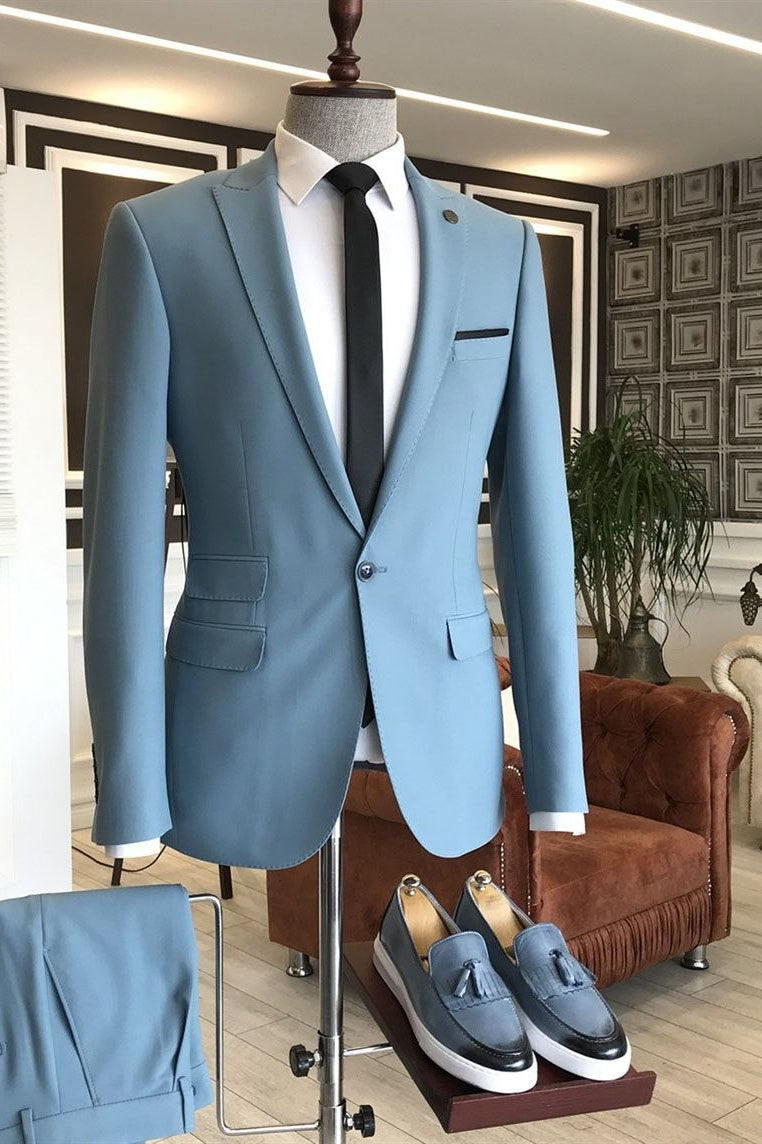 Classic Sky Blue One Button Peaked Lapel Men Suits