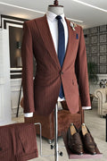 Trendy Brown Striped Peaked Lapel One Button Men Suits