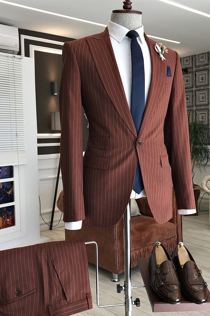 Trendy Brown Striped Peaked Lapel One Button Men Suits