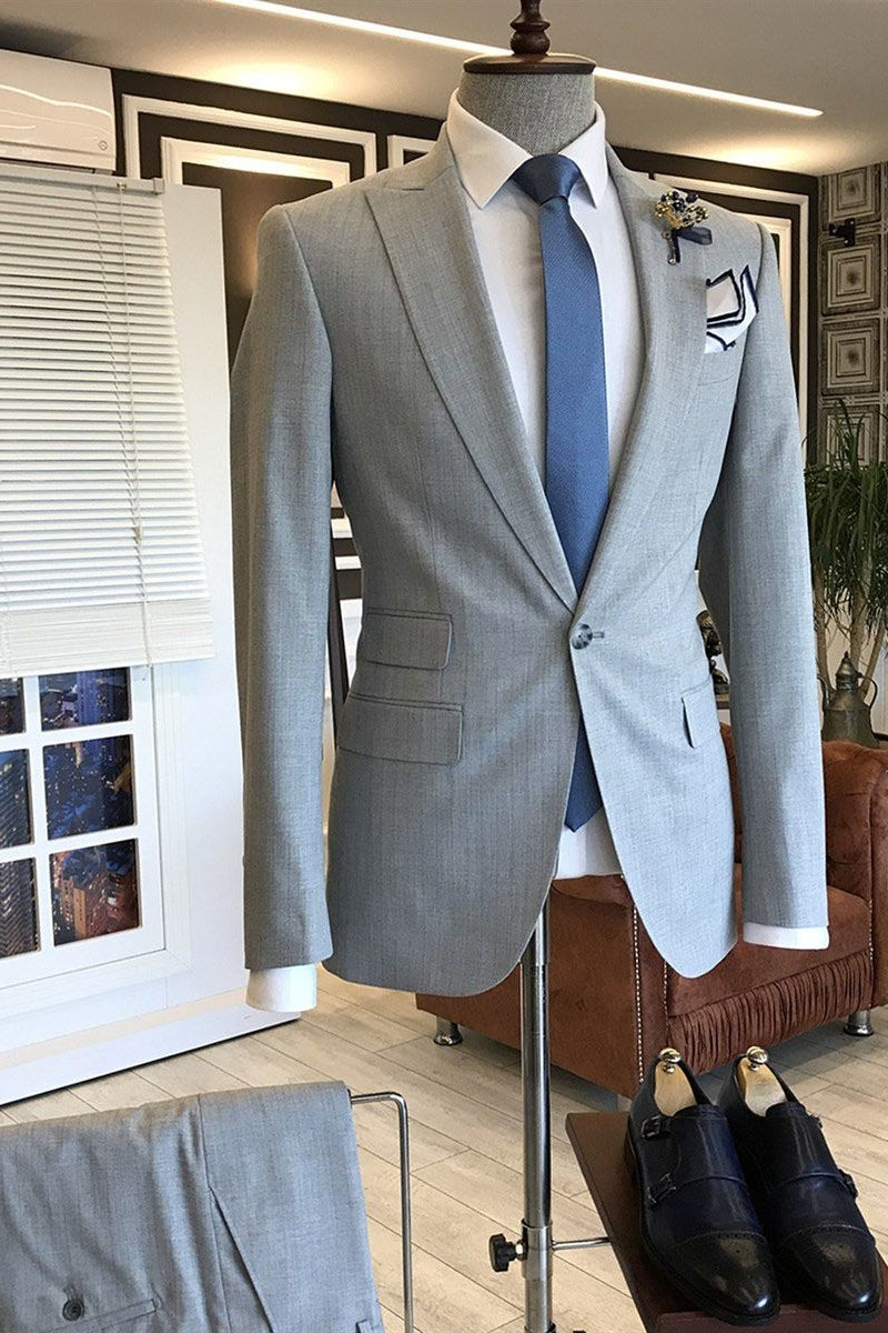 Fashion Gray Peaked Lapel One Button Slim Fit Men Suits