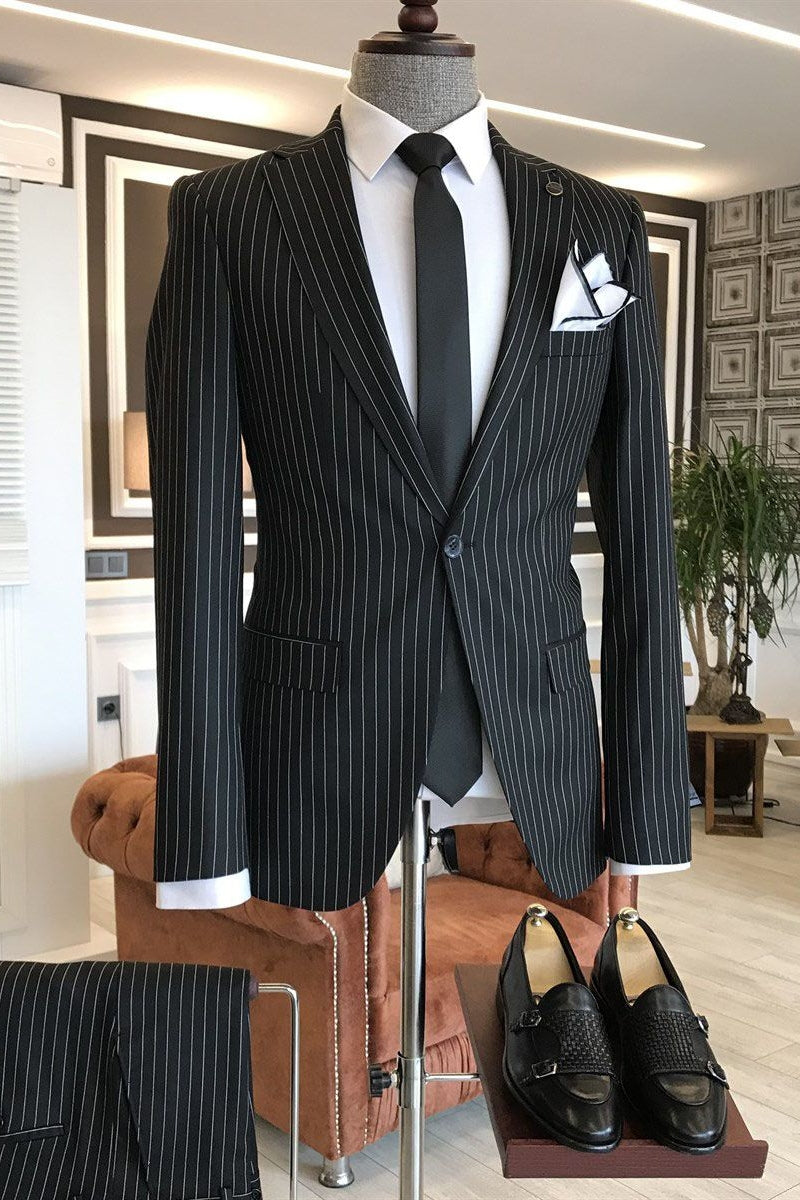 Black Notched Lapel One Button Pinstripe Men Suits Main image