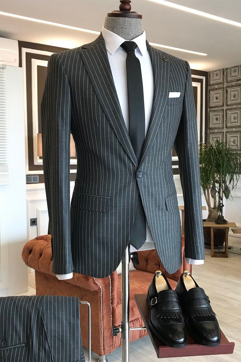 Dark Gray Notched Lapel One Button Pinstripe Men Suits