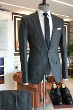 Dark Gray Notched Lapel One Button Pinstripe Men Suits