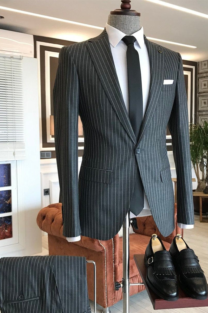 Dark Gray Notched Lapel One Button Pinstripe Men Suits