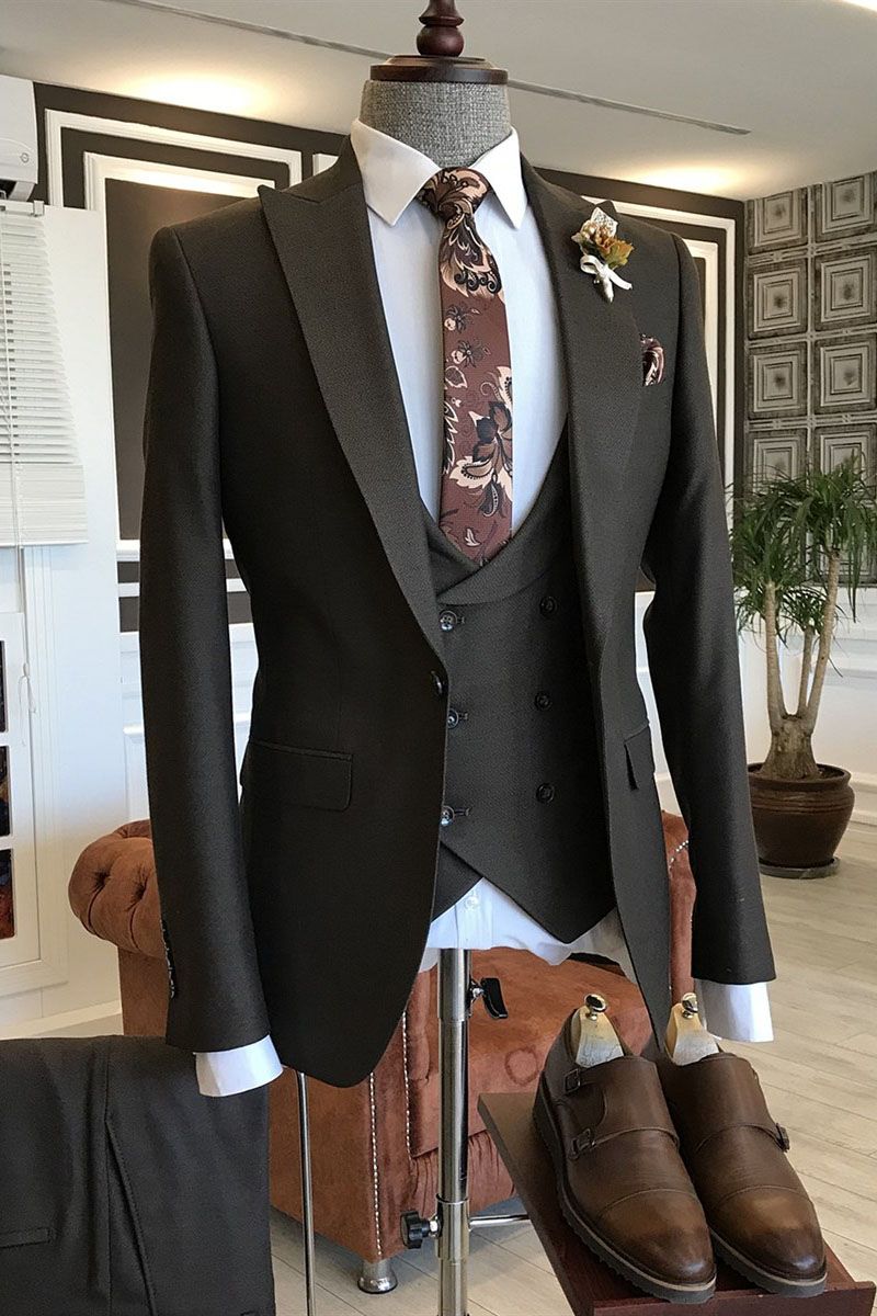 Stylish Dark Brown Peaked Lapel One Button 3 Piece Men Suits Main image
