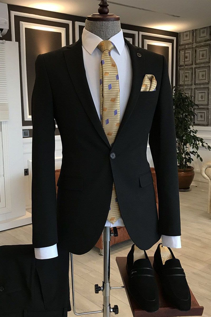 Slim Fit One Button Black Notched Lapel Bespoke Men Suits Main image