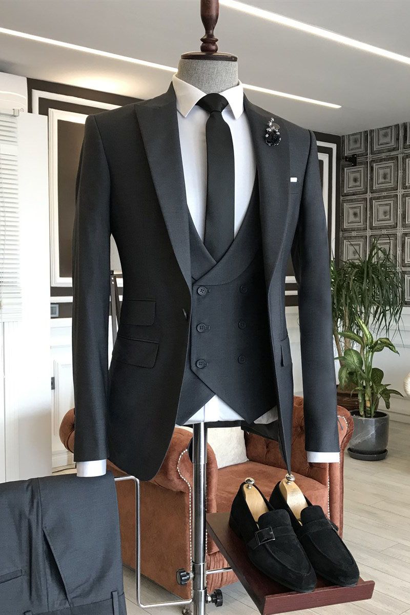 3 Piece Close Fitting Dark Gray Peaked Lapel Best Fitted Men Suits Main image