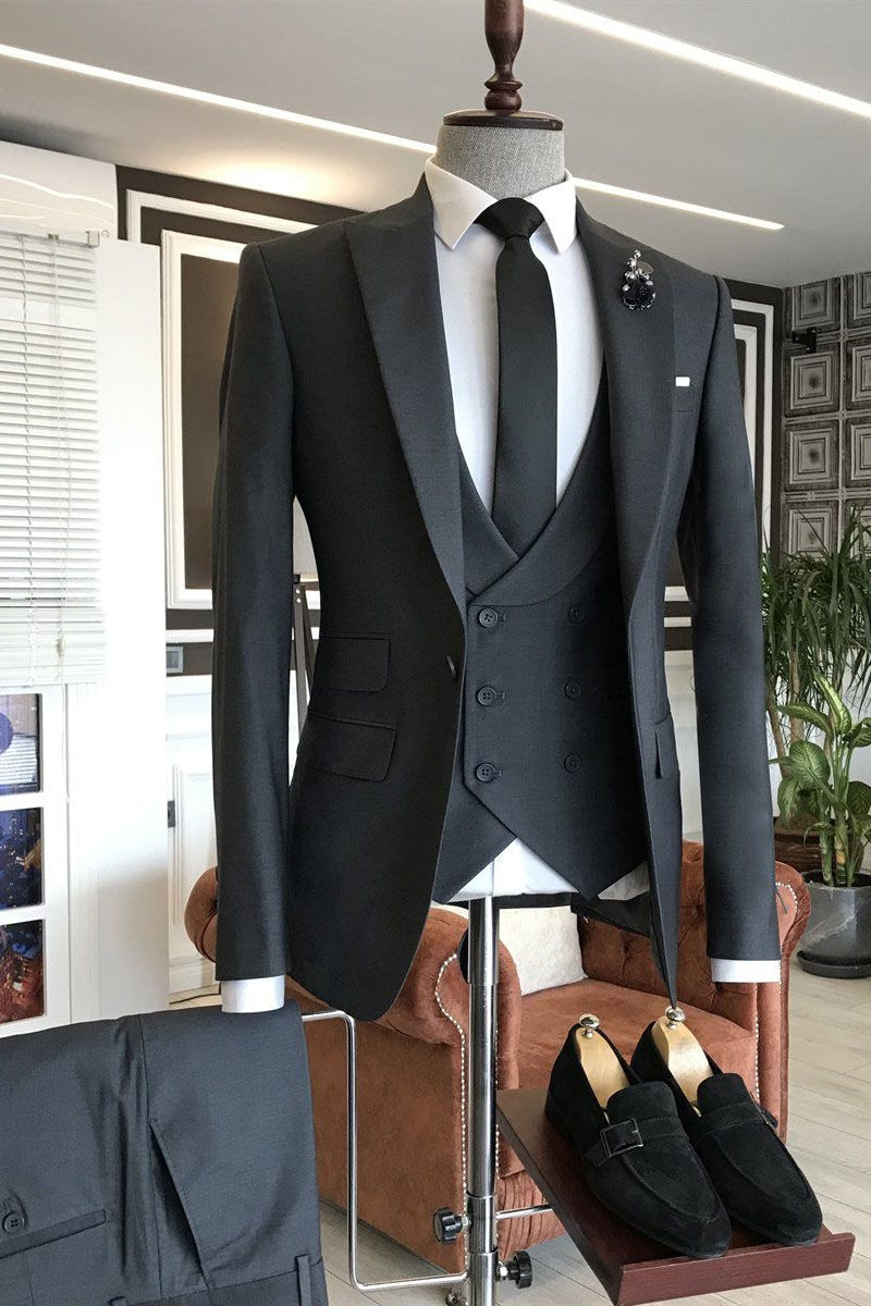 3 Piece Close Fitting Dark Gray Peaked Lapel Best Fitted Men Suits Secondary image