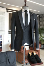 3 Piece Close Fitting Dark Gray Peaked Lapel Best Fitted Men Suits