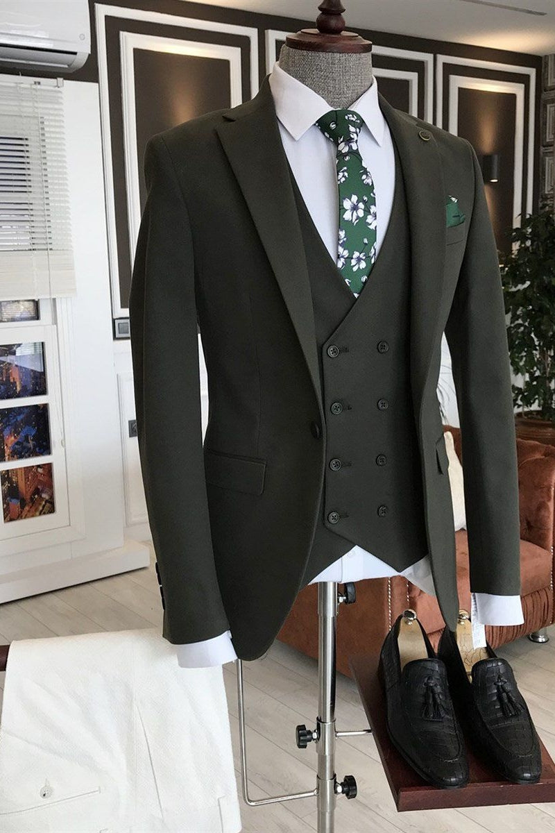 Chic Olive Green Notched Lapel Men Suits With Waistcoat
