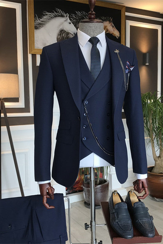 Dark Navy Peaked Lapel 3 Piece Suits For Men Main image