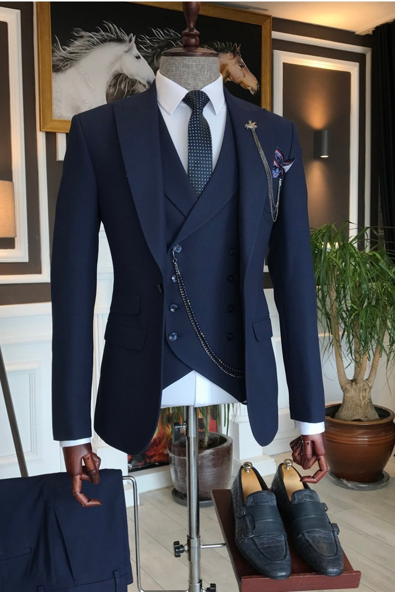 Dark Navy Peaked Lapel 3 Piece Suits For Men