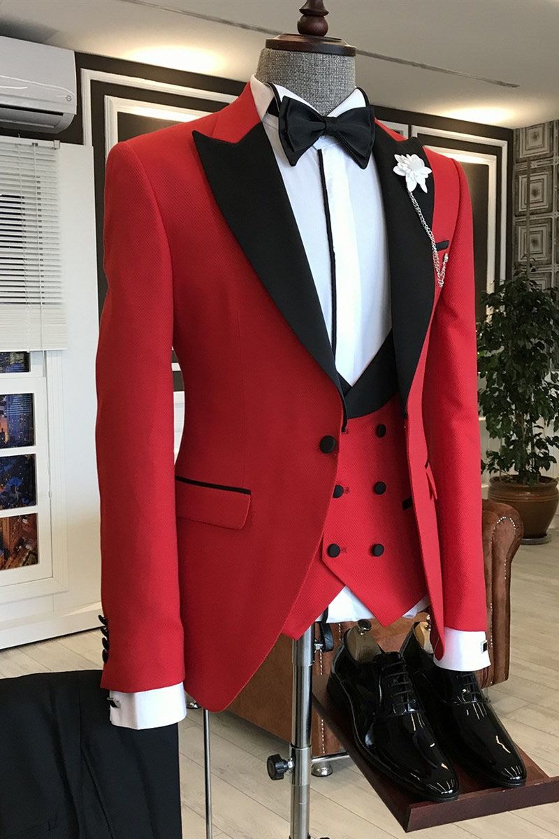 Glamorous Red 3 Piece Black Peaked Lapel Stylish Men Suits