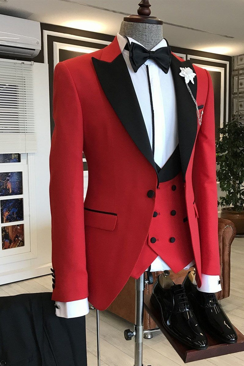 Glamorous Red 3 Piece Black Peaked Lapel Stylish Men Suits
