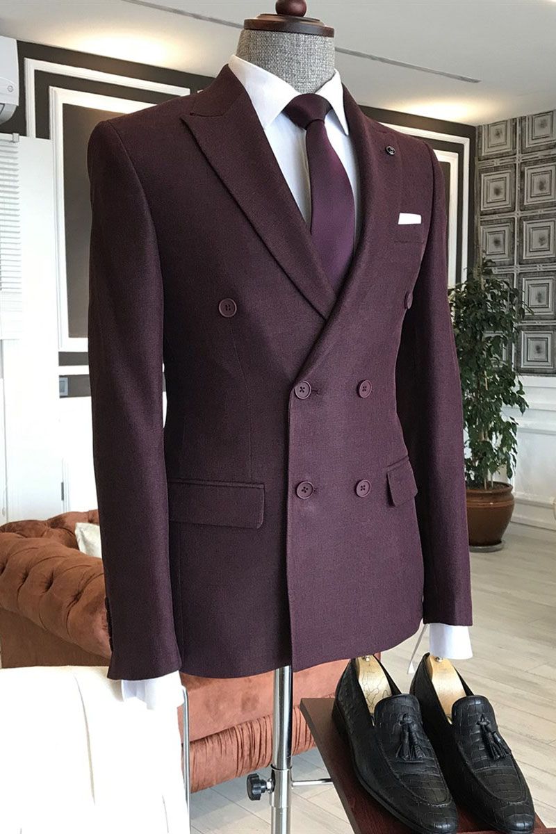 Trendy Dark Purple Peaked Lapel Double Breasted Men Suits Main image