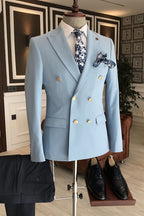 Modern Sky Blue Peaked Lapel Double Breasted Men Suits