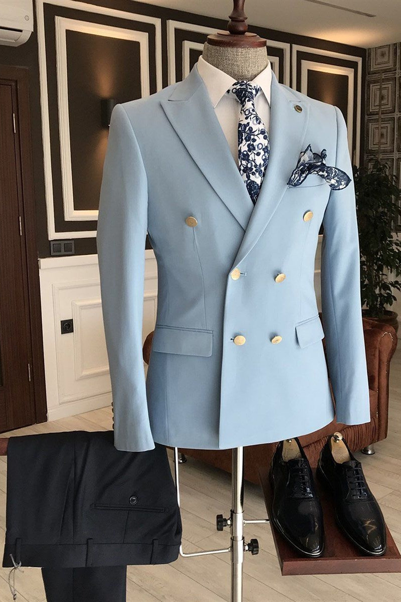 Modern Sky Blue Peaked Lapel Double Breasted Men Suits