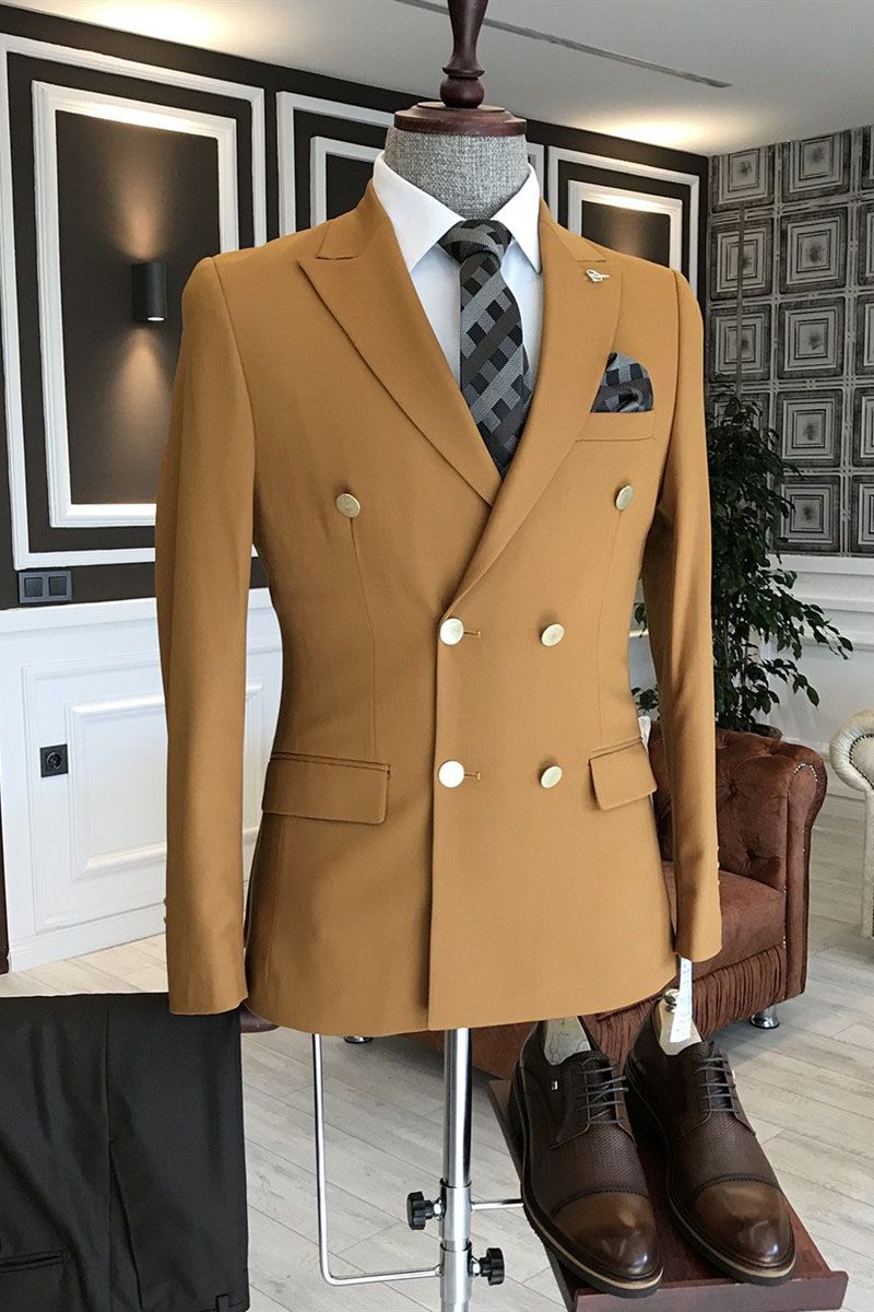 Fashion Mustard Yellow Peaked Lapel Double Breasted Men Suits Main image