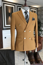 Fashion Mustard Yellow Peaked Lapel Double Breasted Men Suits