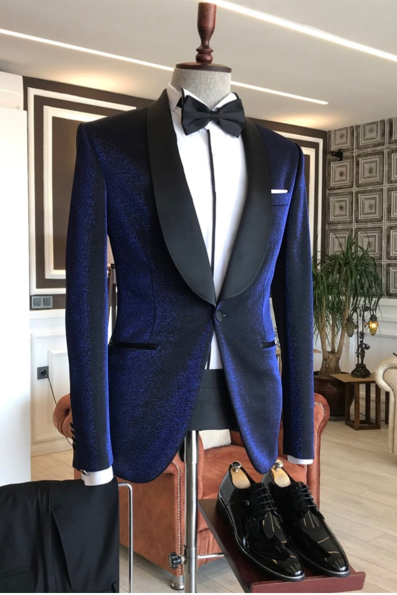 Sparkle Navy Shawl Lapel Trendy Suits For Men Secondary image