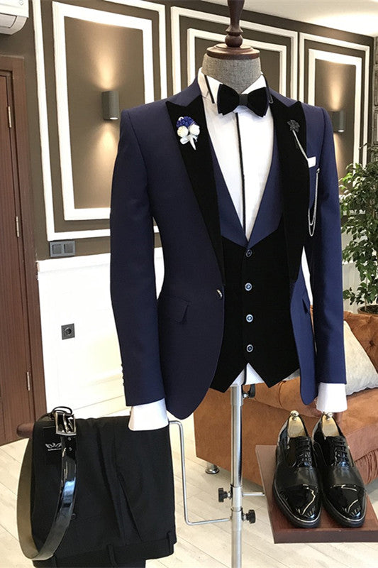 3 Piece Navy Blue Peaked Lapel Stylish Suits For Men Main image