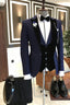 3 Piece Navy Blue Peaked Lapel Stylish Suits For Men