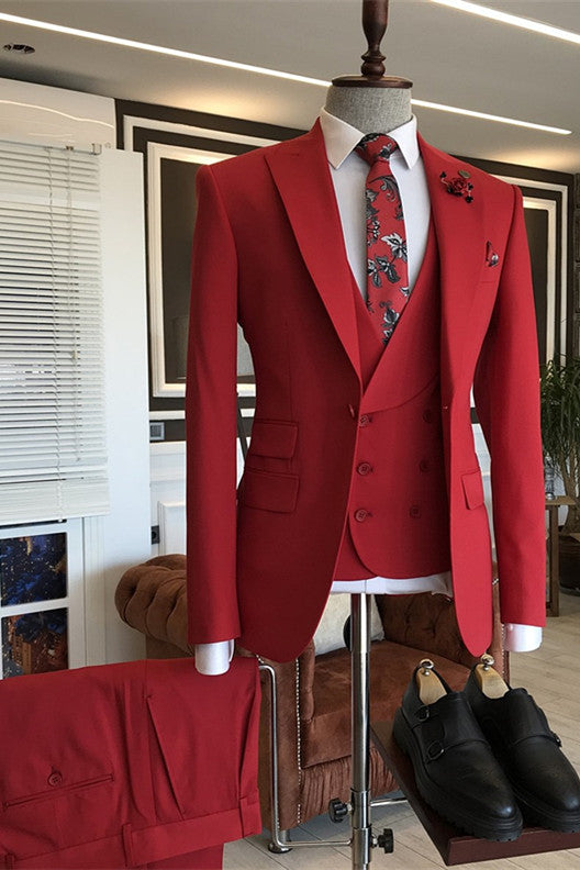 Fancy 3 Piece Red Peaked Lapel  Chic Suits For Men