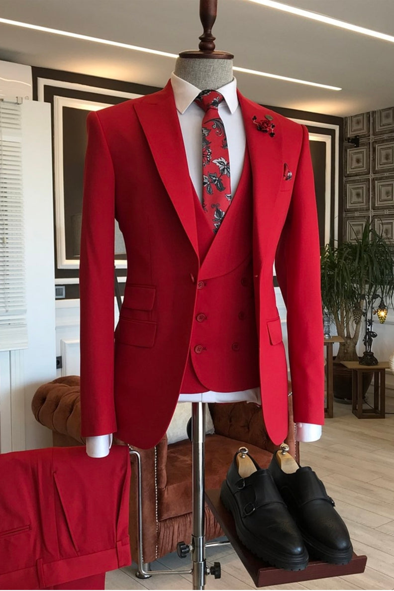 Fancy 3 Piece Red Peaked Lapel  Chic Suits For Men