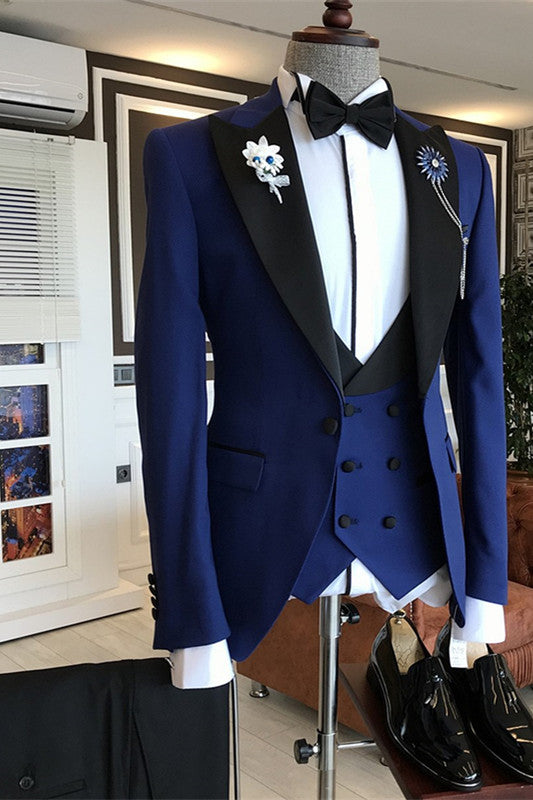 Dark Blue 3 Piece Black Peaked Lapel Men Suits