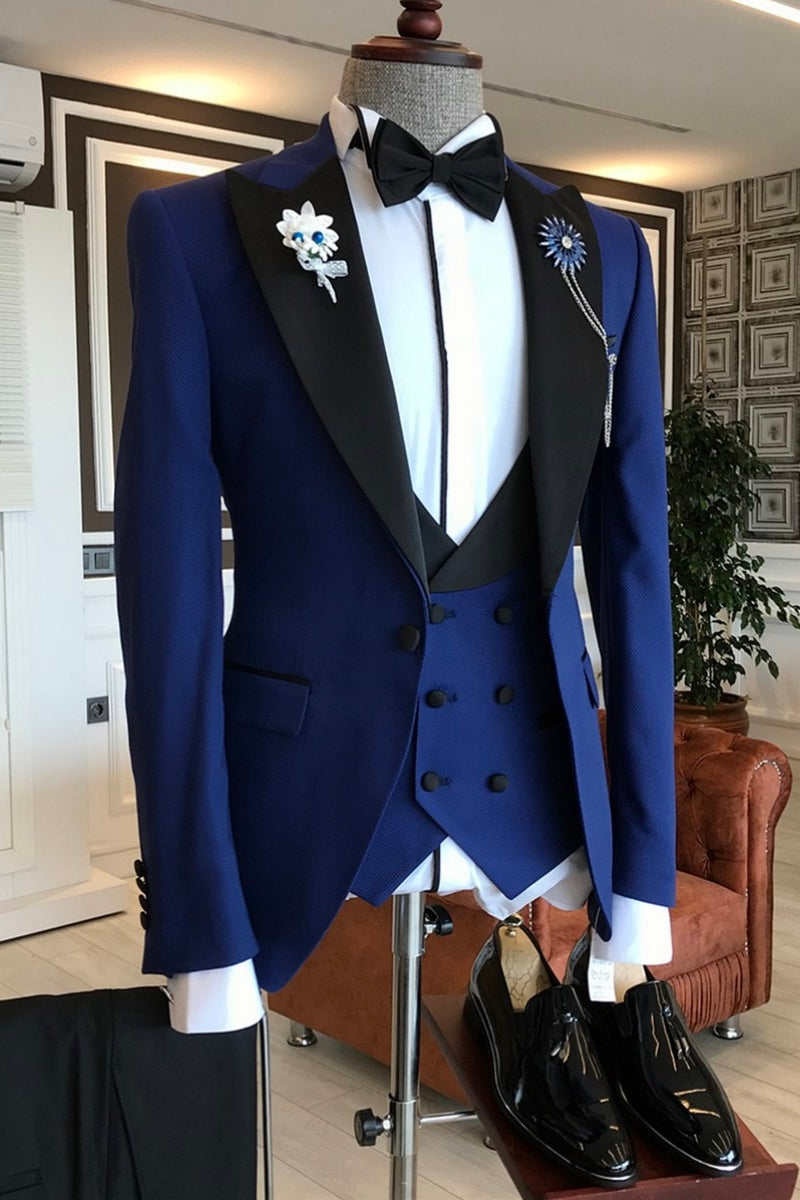 Dark Blue 3 Piece Black Peaked Lapel Men Suits