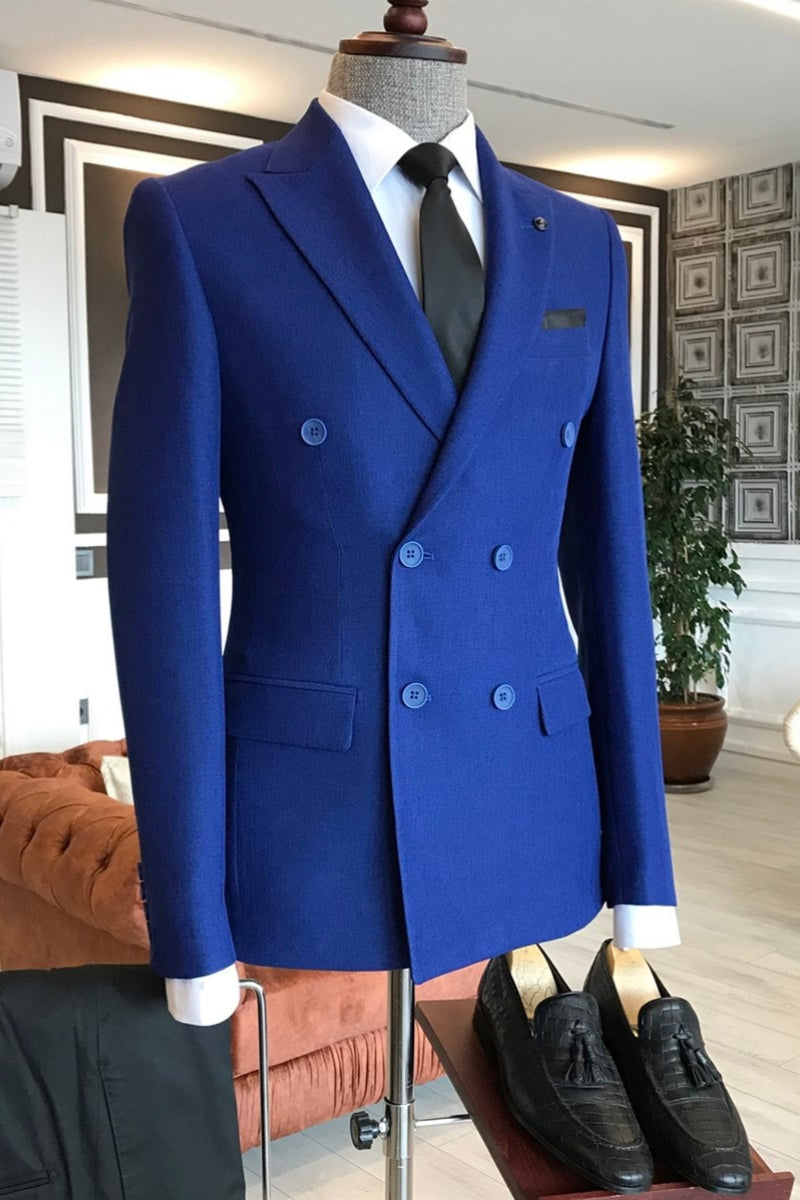Latest Royal Blue Peaked Lapel Double Breasted Men Suits
