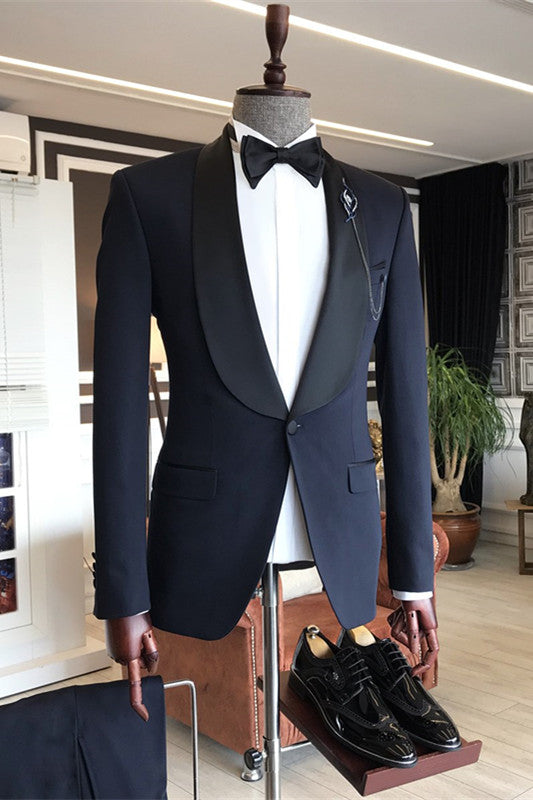 Dark Navy Shawl Lapel Close Fitting Men Suits