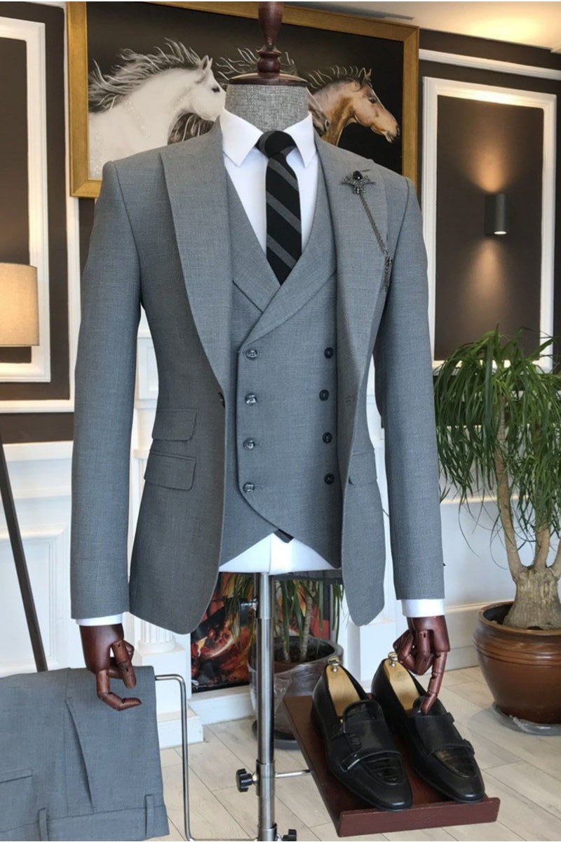 Bespoke Gray Peaked Lapel 3 Piece Fashion Men Suits