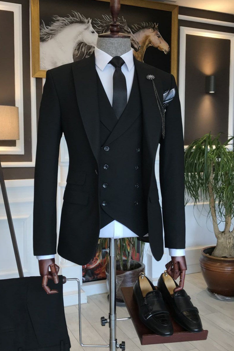 Formal Black Peaked Lapel 3 Piece Slim Fit Men Suits