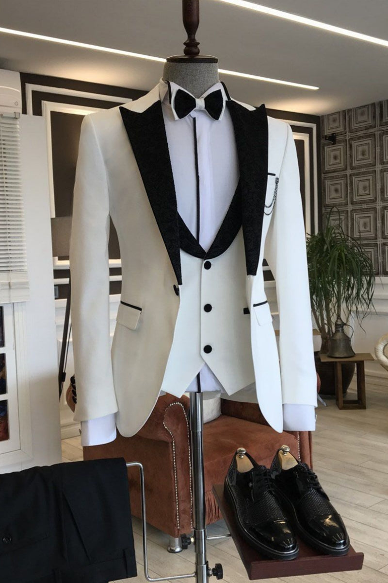 Modern White Peaked Lapel 3 Piece Gentle Men Suits