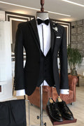 Close Fitting Black Peaked Lapel 3 Piece Classic Men Suits