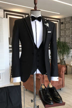 Close Fitting Black Peaked Lapel 3 Piece Classic Men Suits