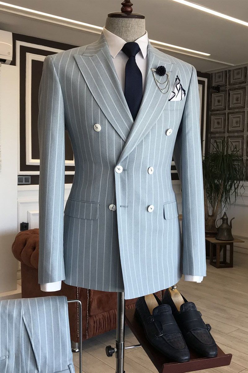 Stylish Blue Peaked Lapel Striped Double Breasted Men Suits Main image