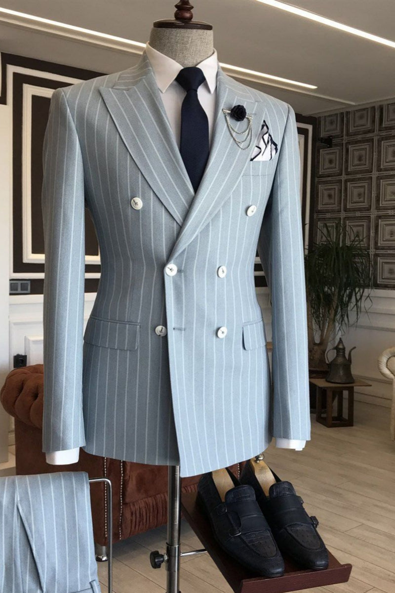 Stylish Blue Peaked Lapel Striped Double Breasted Men Suits Secondary image