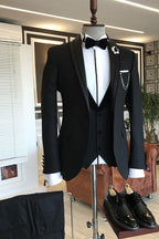 Classic Black Shawl Lapel Chic Men Suits With Waistcoat