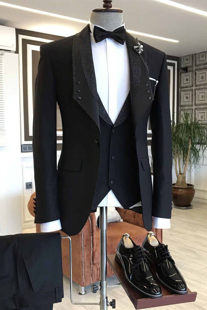 Slim Fit Black One Button Shawl Lapel 3 piece Men Suits Main image