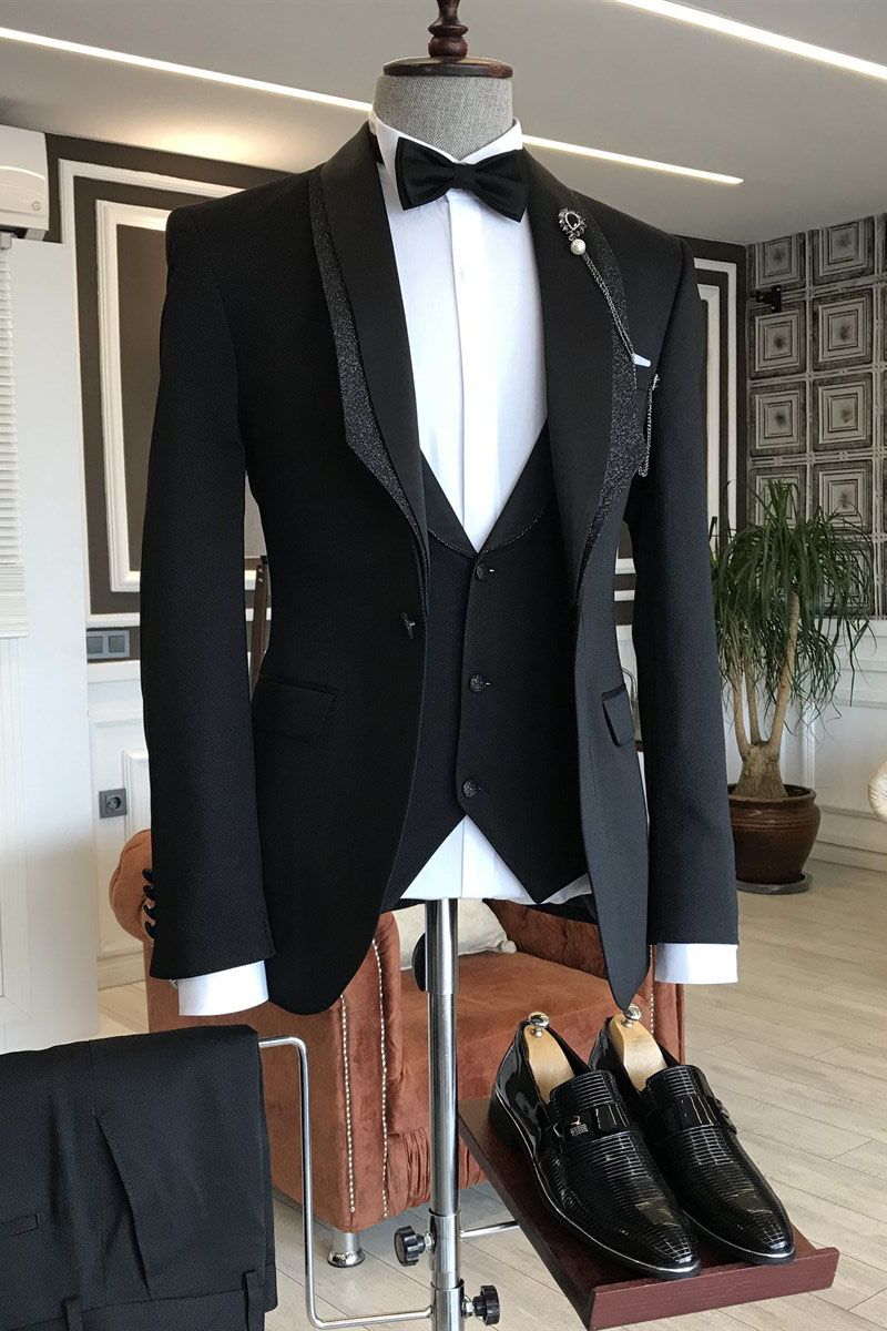 Handsome Black One Button Shawl Lapel 3 piece Men Suits
