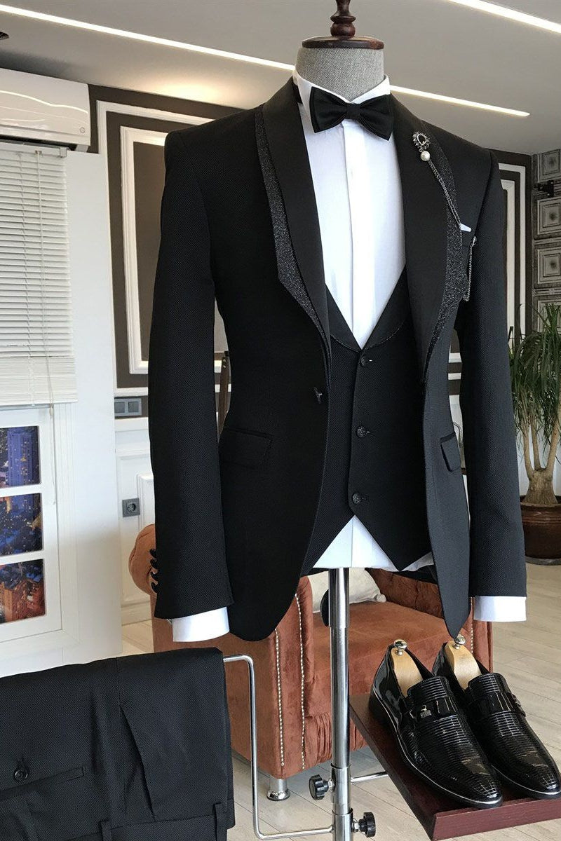 Handsome Black One Button Shawl Lapel 3 piece Men Suits