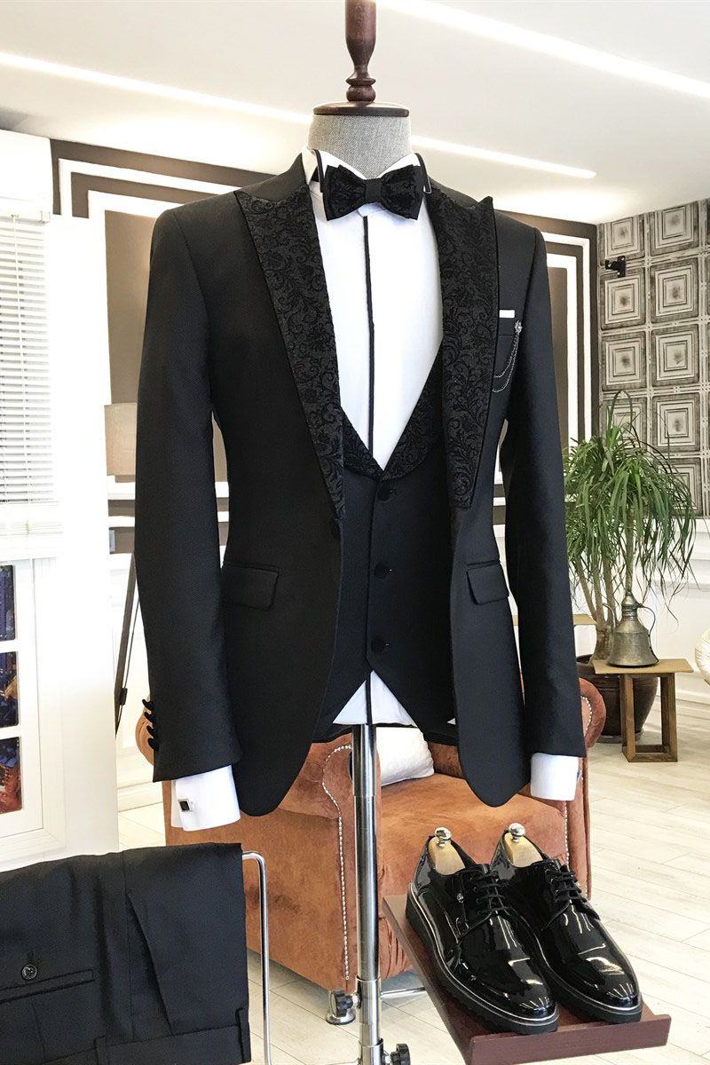 Fashion Black 3 piece Jacquard Peaked Lapel Men Suits Main image