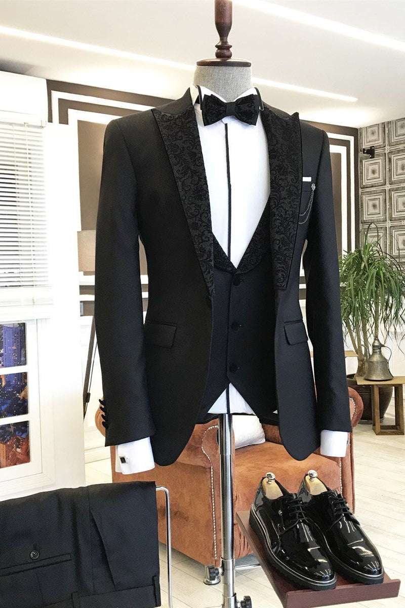 Fashion Black 3 piece Jacquard Peaked Lapel Men Suits