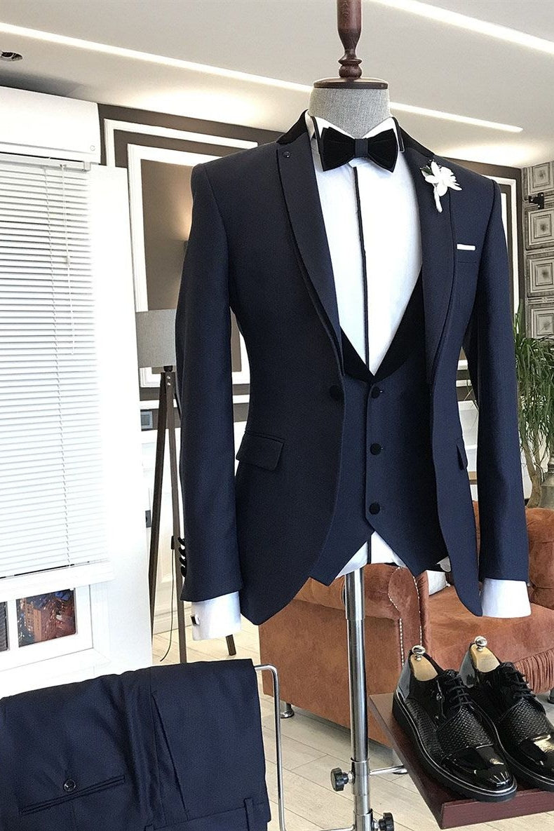 Dark Navy Blue 3 piece Notched Lapel Men Suits