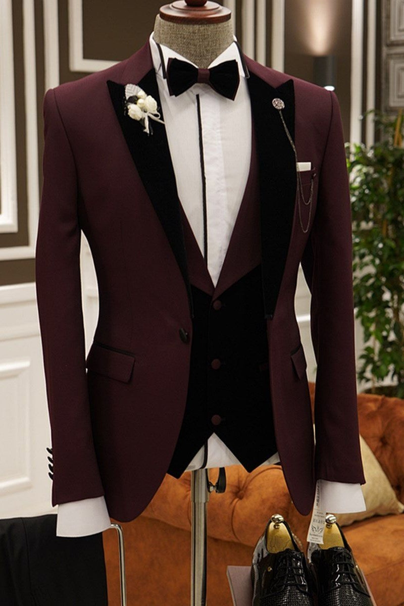 3 piece Burgundy One Button Black Peaked Lapel Men Suits Secondary image