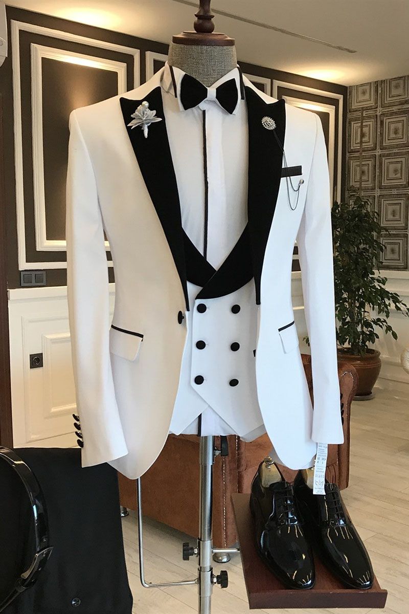 Classy White One Button Black Peaked Lapel 3 piece Men Suits