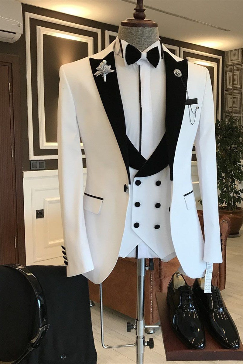 Classy White One Button Black Peaked Lapel 3 piece Men Suits